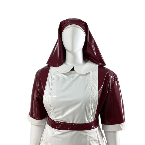 Halloween Party Doctor Nurse Cosplay Uniforms with Headscarf Unisex Shiny PVC Leather Button-up Back Long Dress Outfits Fetish