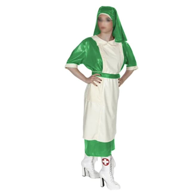 Halloween Party Doctor Nurse Cosplay Uniforms with Headscarf Unisex Shiny PVC Leather Button-up Back Long Dress Outfits Fetish