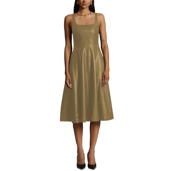 Sexy Sleeveless Midi Dress Matte PU Leather Women Casual A-line Pleated Dress Office Lady Square Collar Slim Fit Tank Dress