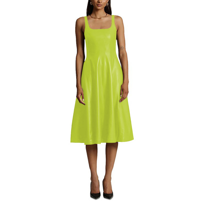 Sexy Sleeveless Midi Dress Matte PU Leather Women Casual A-line Pleated Dress Office Lady Square Collar Slim Fit Tank Dress