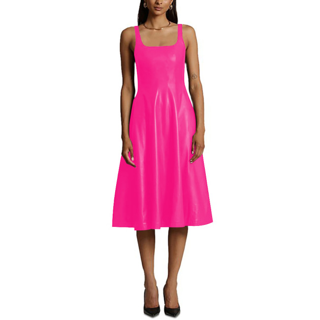 Sexy Sleeveless Midi Dress Matte PU Leather Women Casual A-line Pleated Dress Office Lady Square Collar Slim Fit Tank Dress
