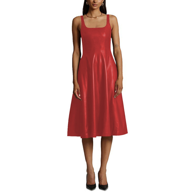 Sexy Sleeveless Midi Dress Matte PU Leather Women Casual A-line Pleated Dress Office Lady Square Collar Slim Fit Tank Dress