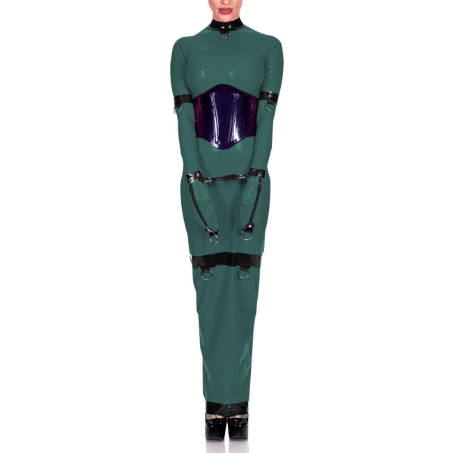 Sissy Exotic Patchwork Maxi Dress Trims with Ring Full Sleeve Mock Neck Women Bodycon Robe Arm Wrapped Sexy Fetish Clothes 8XL