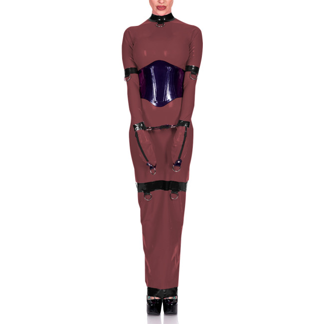 Sissy Exotic Patchwork Maxi Dress Trims with Ring Full Sleeve Mock Neck Women Bodycon Robe Arm Wrapped Sexy Fetish Clothes 8XL