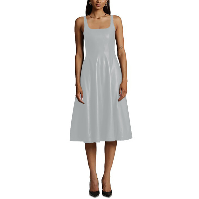 Sexy Sleeveless Midi Dress Matte PU Leather Women Casual A-line Pleated Dress Office Lady Square Collar Slim Fit Tank Dress