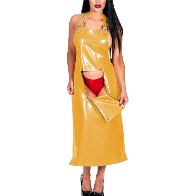Novelty Adjustable Apron for Unisex Adult Sexy Front Zip Open Crotch Exotic Spanking Apron French Maid Cosplay Halter Maxi Apron