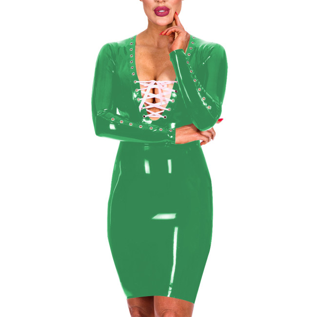 Fashion Sexy Lace-up Deep V-neck Skinny Mini Dress Long Sleeve Faxu Leather Package Hips Pencil Dress Daily Commuting Clothes