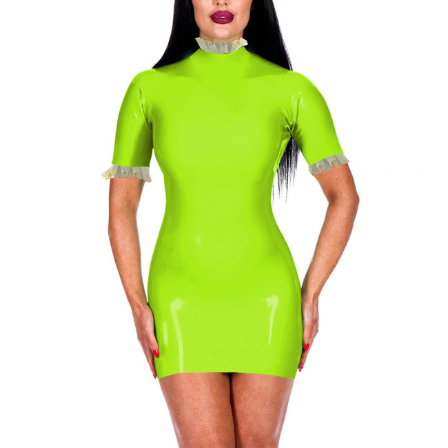 Turtleneck Ruffles Shiny PVC Leather Bodycon Dress for Women Sexy Short Sleeve Summer Dress Office Lady Hip Wrap Short Dresses