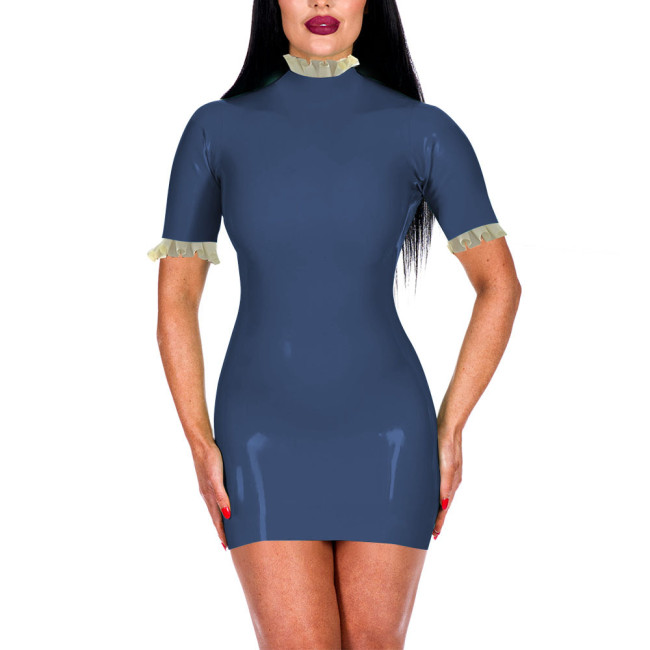 Turtleneck Ruffles Shiny PVC Leather Bodycon Dress for Women Sexy Short Sleeve Summer Dress Office Lady Hip Wrap Short Dresses