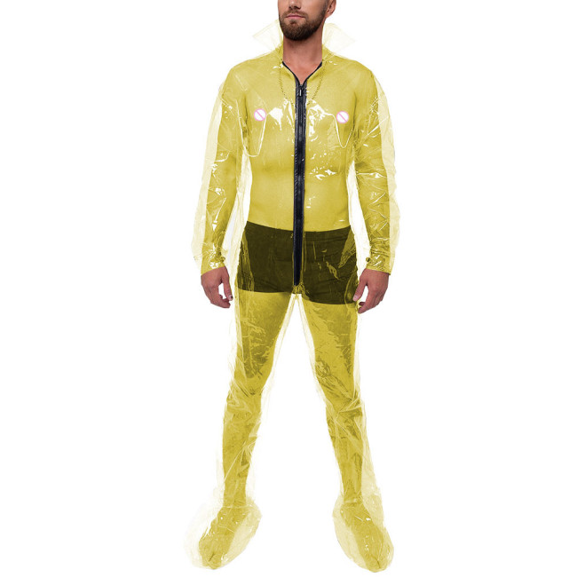 ABDL Male Clear PVC Plastic Bodysuit Exotic Mens Stand Collar Enclosed Jumpsuit Adult Baby Zipper Open Crotch Rompers Clubwear