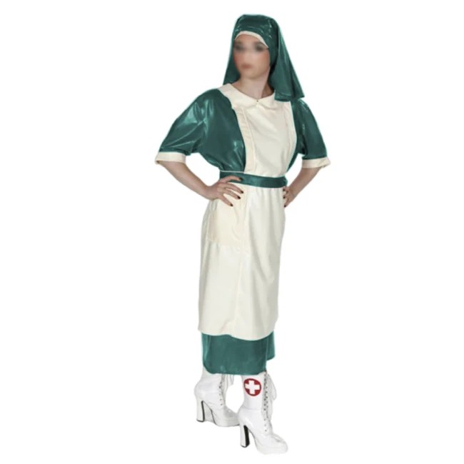 Halloween Party Doctor Nurse Cosplay Uniforms with Headscarf Unisex Shiny PVC Leather Button-up Back Long Dress Outfits Fetish