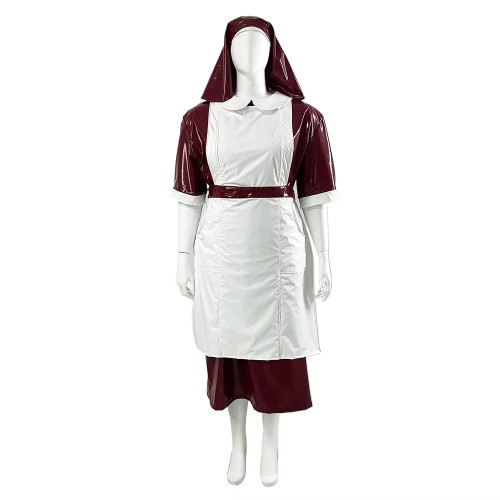 Halloween Party Doctor Nurse Cosplay Uniforms with Headscarf Unisex Shiny PVC Leather Button-up Back Long Dress Outfits Fetish