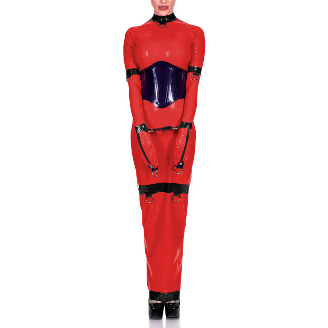 Sissy Exotic Patchwork Maxi Dress Trims with Ring Full Sleeve Mock Neck Women Bodycon Robe Arm Wrapped Sexy Fetish Clothes 8XL