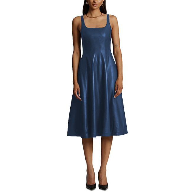Sexy Sleeveless Midi Dress Matte PU Leather Women Casual A-line Pleated Dress Office Lady Square Collar Slim Fit Tank Dress