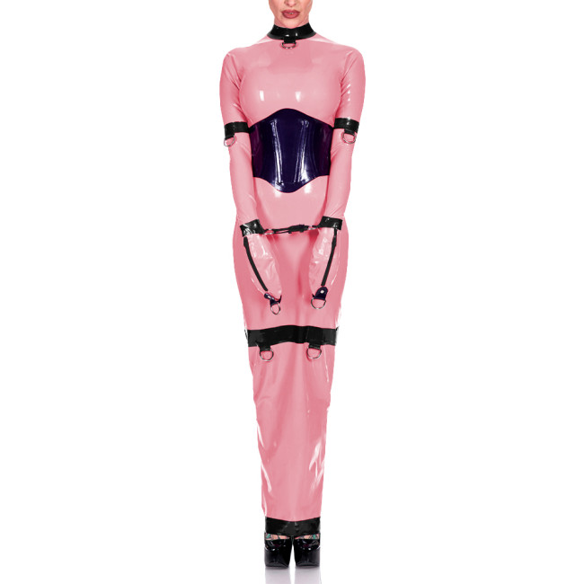 Sissy Exotic Patchwork Maxi Dress Trims with Ring Full Sleeve Mock Neck Women Bodycon Robe Arm Wrapped Sexy Fetish Clothes 8XL