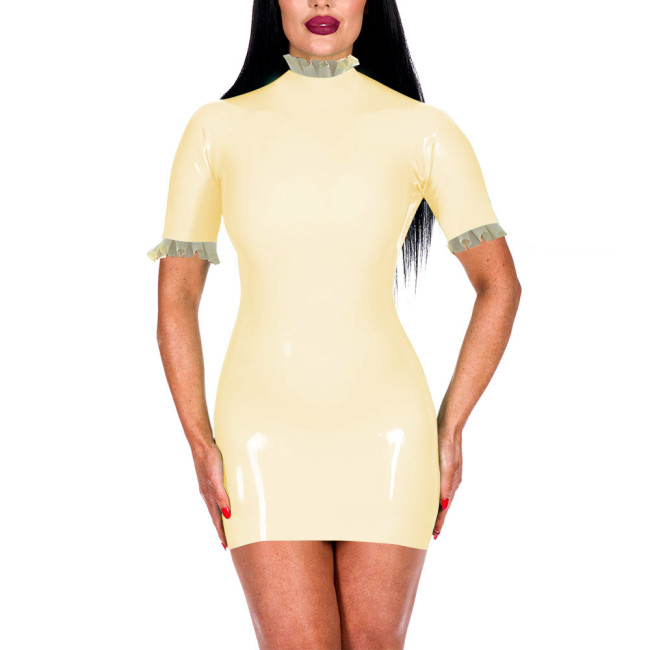 Turtleneck Ruffles Shiny PVC Leather Bodycon Dress for Women Sexy Short Sleeve Summer Dress Office Lady Hip Wrap Short Dresses