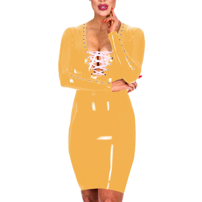 Fashion Sexy Lace-up Deep V-neck Skinny Mini Dress Long Sleeve Faxu Leather Package Hips Pencil Dress Daily Commuting Clothes