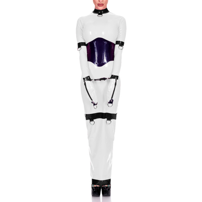 Sissy Exotic Patchwork Maxi Dress Trims with Ring Full Sleeve Mock Neck Women Bodycon Robe Arm Wrapped Sexy Fetish Clothes 8XL