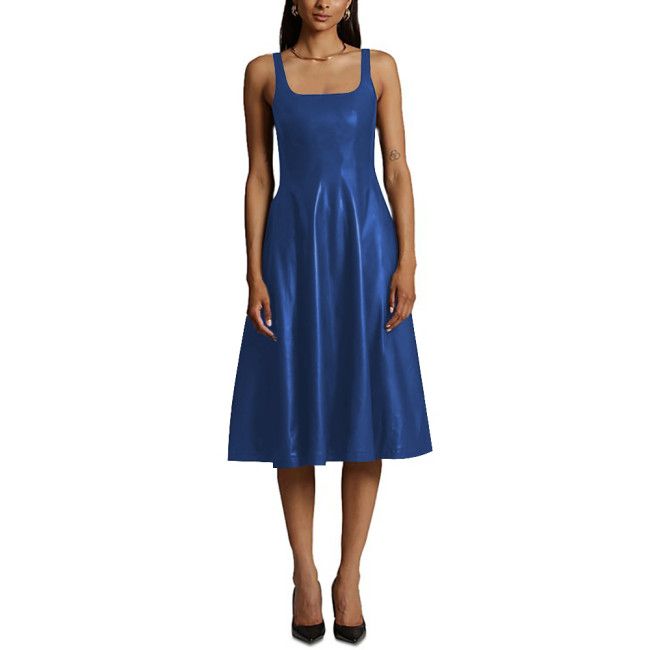 Sexy Sleeveless Midi Dress Matte PU Leather Women Casual A-line Pleated Dress Office Lady Square Collar Slim Fit Tank Dress