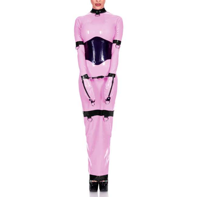 Sissy Exotic Patchwork Maxi Dress Trims with Ring Full Sleeve Mock Neck Women Bodycon Robe Arm Wrapped Sexy Fetish Clothes 8XL