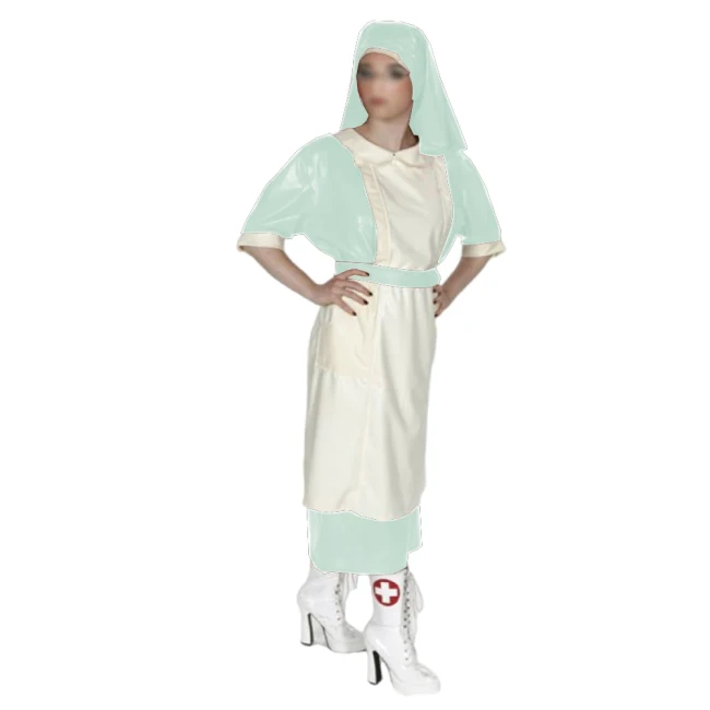 Halloween Party Doctor Nurse Cosplay Uniforms with Headscarf Unisex Shiny PVC Leather Button-up Back Long Dress Outfits Fetish