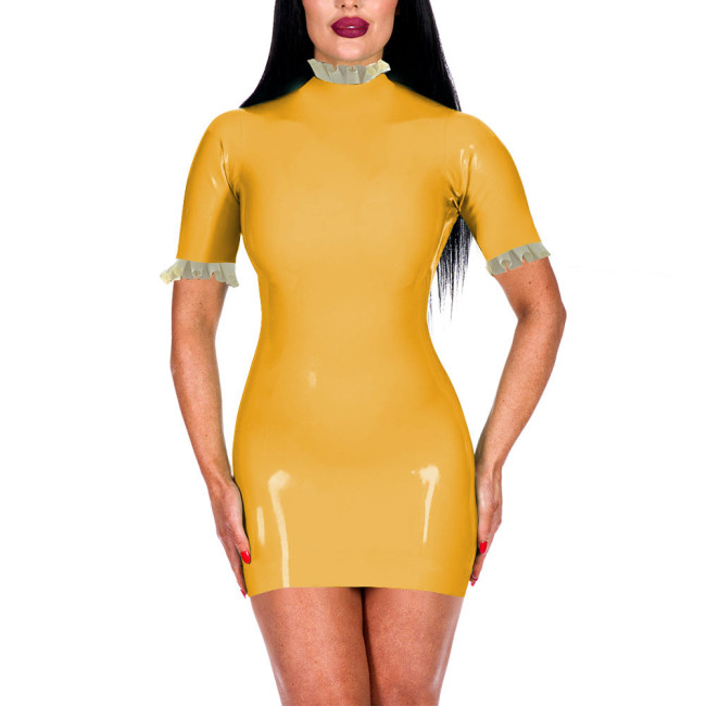 Turtleneck Ruffles Shiny PVC Leather Bodycon Dress for Women Sexy Short Sleeve Summer Dress Office Lady Hip Wrap Short Dresses