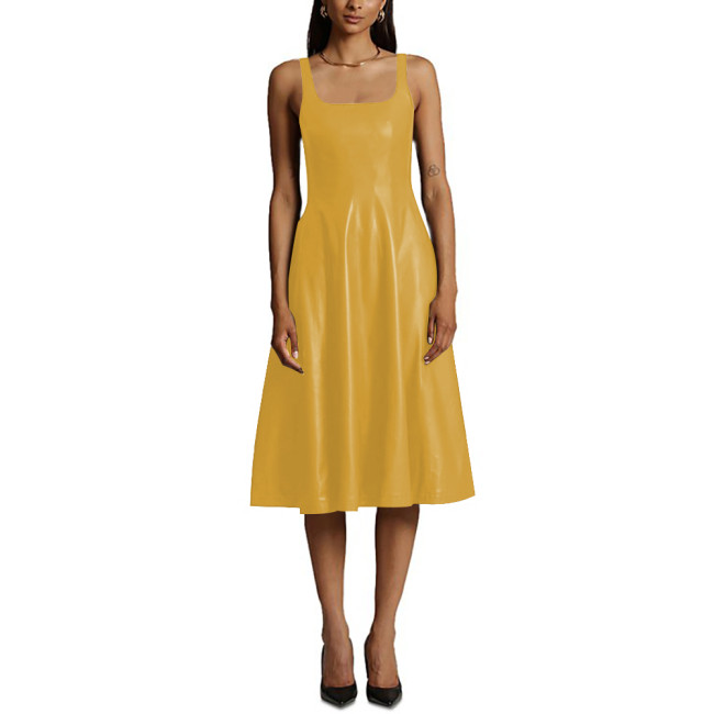 Sexy Sleeveless Midi Dress Matte PU Leather Women Casual A-line Pleated Dress Office Lady Square Collar Slim Fit Tank Dress