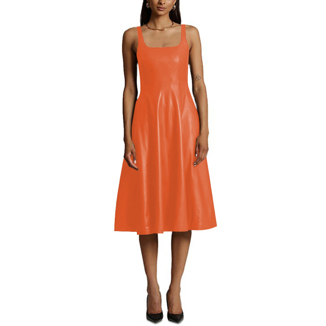 Sexy Sleeveless Midi Dress Matte PU Leather Women Casual A-line Pleated Dress Office Lady Square Collar Slim Fit Tank Dress