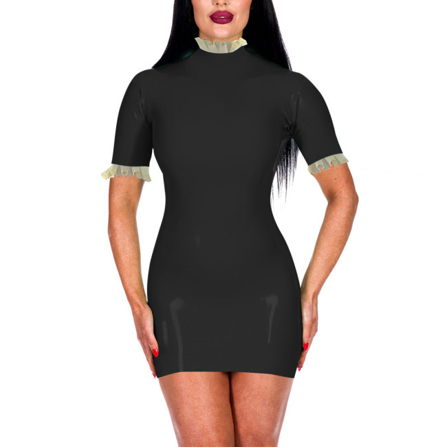 Turtleneck Ruffles Shiny PVC Leather Bodycon Dress for Women Sexy Short Sleeve Summer Dress Office Lady Hip Wrap Short Dresses