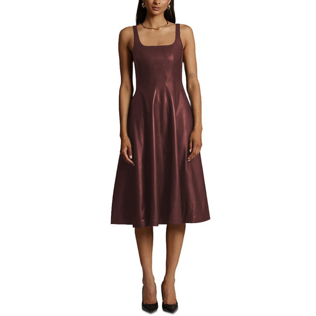 Sexy Sleeveless Midi Dress Matte PU Leather Women Casual A-line Pleated Dress Office Lady Square Collar Slim Fit Tank Dress