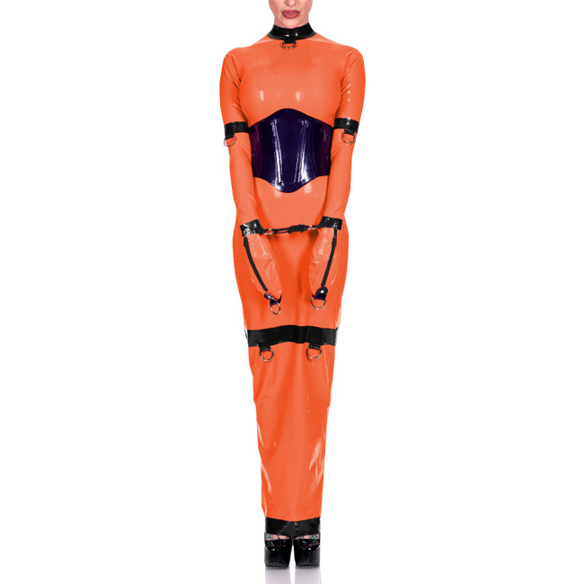 Sissy Exotic Patchwork Maxi Dress Trims with Ring Full Sleeve Mock Neck Women Bodycon Robe Arm Wrapped Sexy Fetish Clothes 8XL