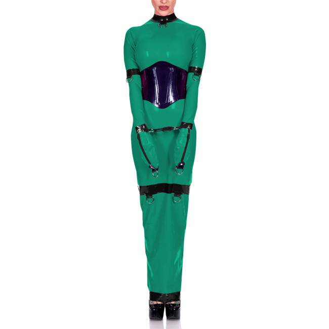 Sissy Exotic Patchwork Maxi Dress Trims with Ring Full Sleeve Mock Neck Women Bodycon Robe Arm Wrapped Sexy Fetish Clothes 8XL