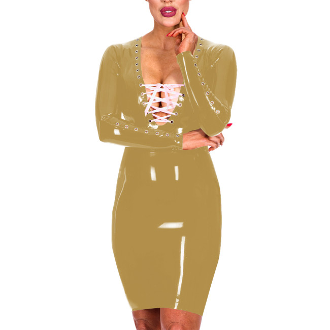 Fashion Sexy Lace-up Deep V-neck Skinny Mini Dress Long Sleeve Faxu Leather Package Hips Pencil Dress Daily Commuting Clothes