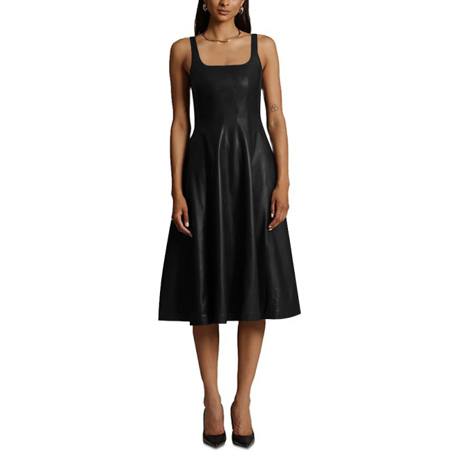 Sexy Sleeveless Midi Dress Matte PU Leather Women Casual A-line Pleated Dress Office Lady Square Collar Slim Fit Tank Dress