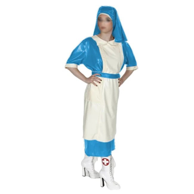 Halloween Party Doctor Nurse Cosplay Uniforms with Headscarf Unisex Shiny PVC Leather Button-up Back Long Dress Outfits Fetish