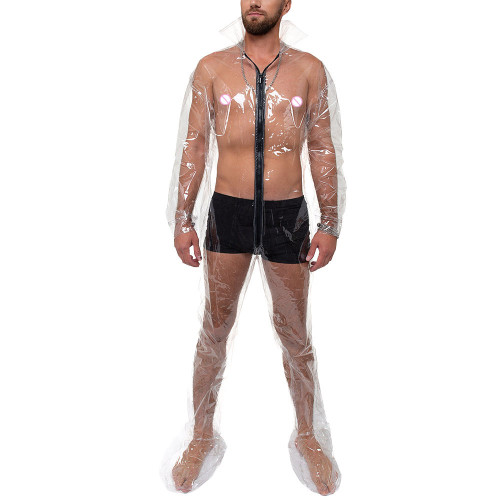 ABDL Male Clear PVC Plastic Bodysuit Exotic Mens Stand Collar Enclosed Jumpsuit Adult Baby Zipper Open Crotch Rompers Clubwear