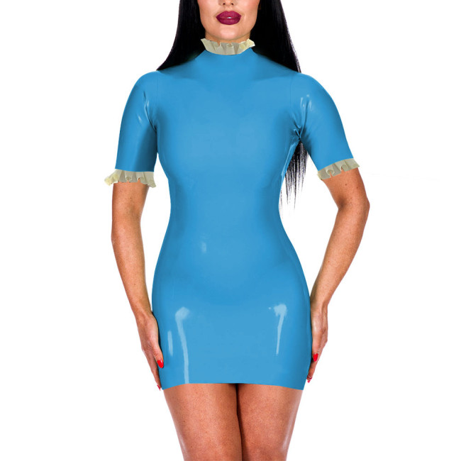 Turtleneck Ruffles Shiny PVC Leather Bodycon Dress for Women Sexy Short Sleeve Summer Dress Office Lady Hip Wrap Short Dresses