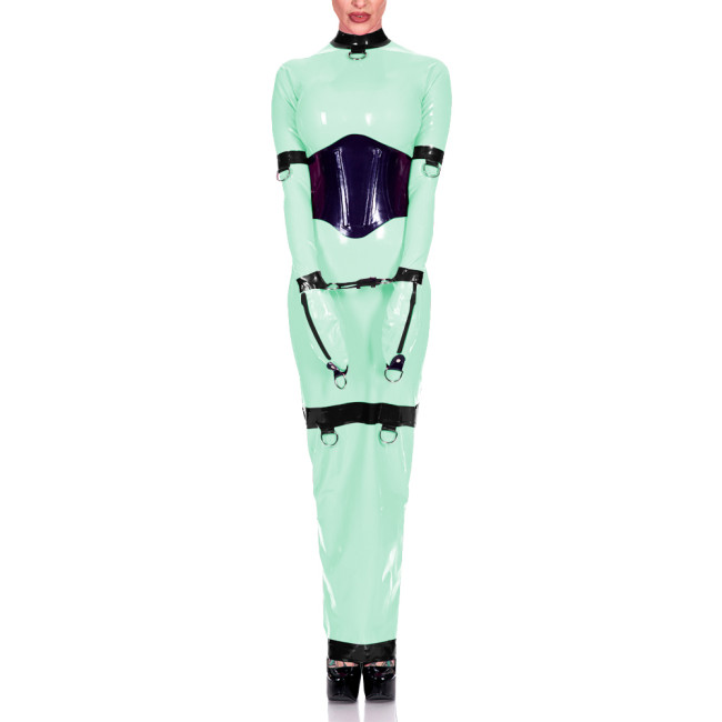 Sissy Exotic Patchwork Maxi Dress Trims with Ring Full Sleeve Mock Neck Women Bodycon Robe Arm Wrapped Sexy Fetish Clothes 8XL