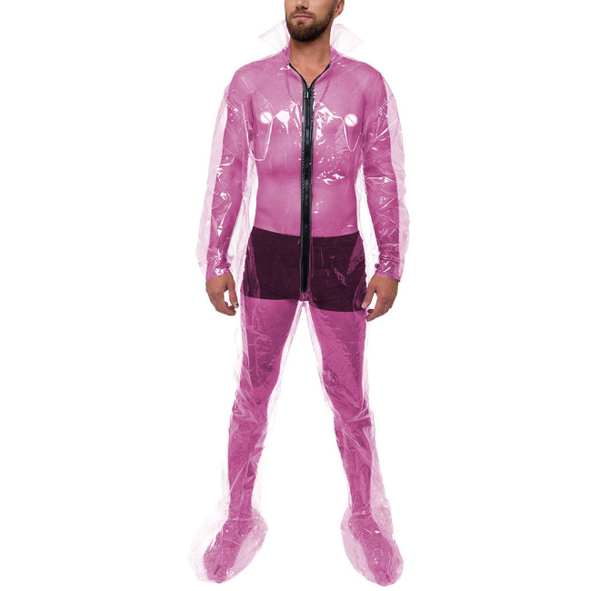 ABDL Male Clear PVC Plastic Bodysuit Exotic Mens Stand Collar Enclosed Jumpsuit Adult Baby Zipper Open Crotch Rompers Clubwear