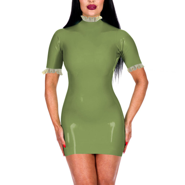 Turtleneck Ruffles Shiny PVC Leather Bodycon Dress for Women Sexy Short Sleeve Summer Dress Office Lady Hip Wrap Short Dresses