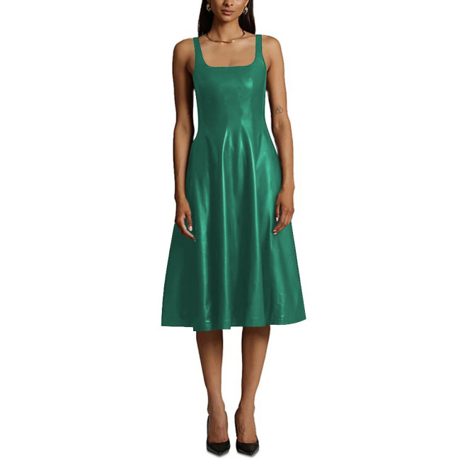Sexy Sleeveless Midi Dress Matte PU Leather Women Casual A-line Pleated Dress Office Lady Square Collar Slim Fit Tank Dress