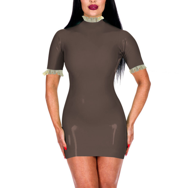Turtleneck Ruffles Shiny PVC Leather Bodycon Dress for Women Sexy Short Sleeve Summer Dress Office Lady Hip Wrap Short Dresses