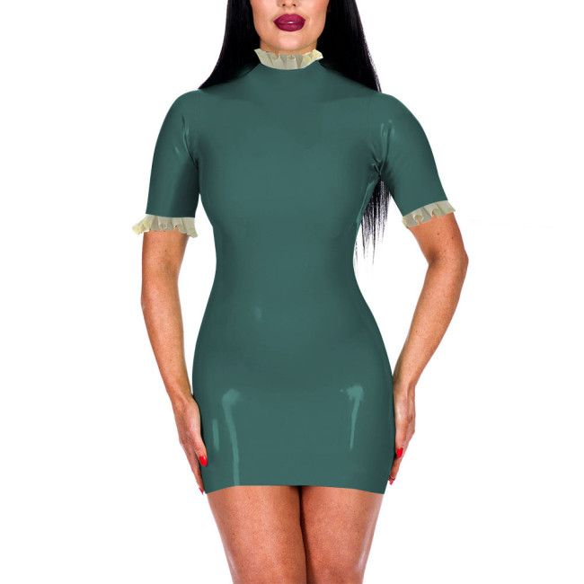 Turtleneck Ruffles Shiny PVC Leather Bodycon Dress for Women Sexy Short Sleeve Summer Dress Office Lady Hip Wrap Short Dresses