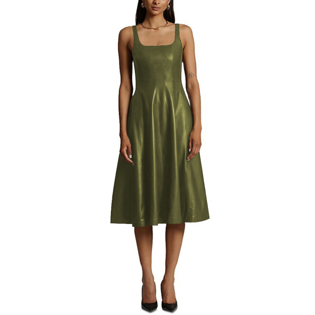 Sexy Sleeveless Midi Dress Matte PU Leather Women Casual A-line Pleated Dress Office Lady Square Collar Slim Fit Tank Dress