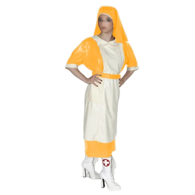 Halloween Party Doctor Nurse Cosplay Uniforms with Headscarf Unisex Shiny PVC Leather Button-up Back Long Dress Outfits Fetish