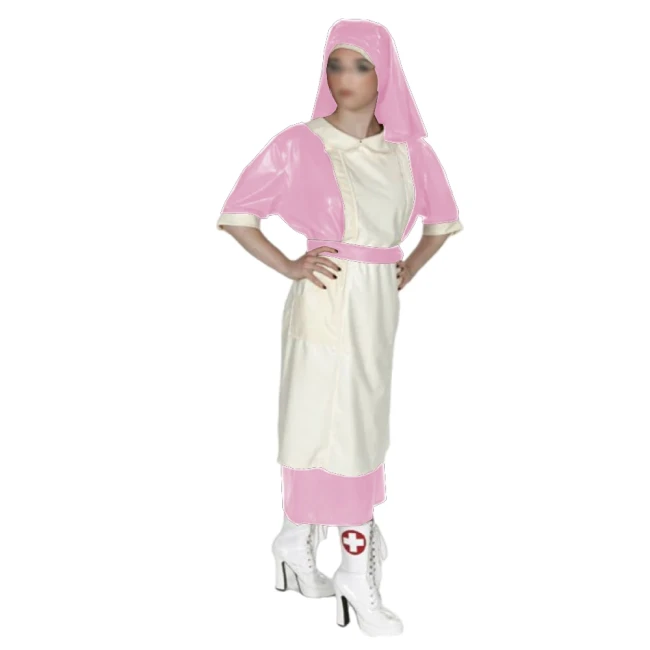 Halloween Party Doctor Nurse Cosplay Uniforms with Headscarf Unisex Shiny PVC Leather Button-up Back Long Dress Outfits Fetish