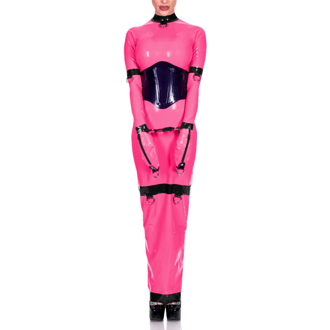 Sissy Exotic Patchwork Maxi Dress Trims with Ring Full Sleeve Mock Neck Women Bodycon Robe Arm Wrapped Sexy Fetish Clothes 8XL