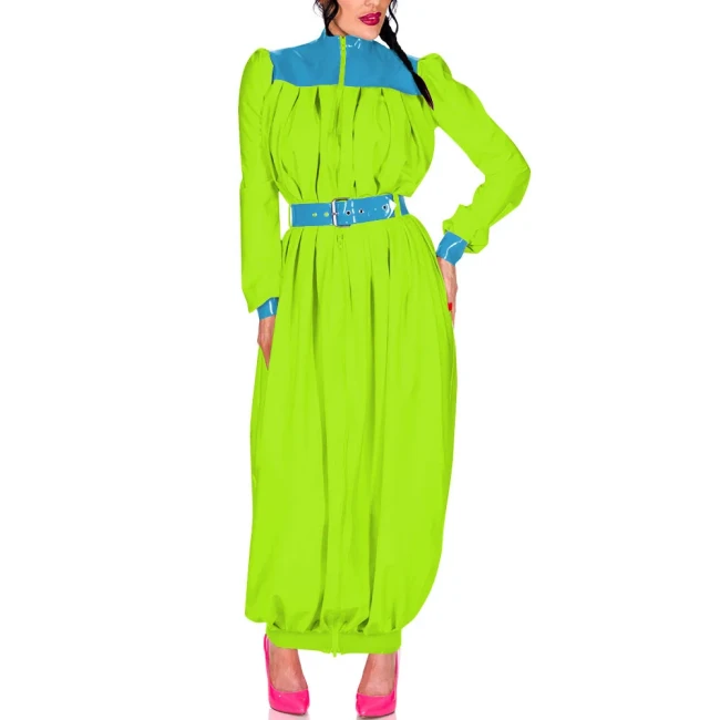 Elegant Retro Pleat Maxi Dress Exotic Loose Lantern Long Women Dress Wetlook Clothes Party Waistband Mock Neck Maresha Dresses
