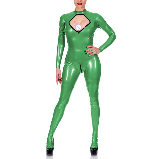 Exotic Chest Hollow Catsuit Cosplay Sexy Costume Spandex PVC Leather Jumpsuit Women Long Sleeve Open Crotch Overalls Fetish Wear