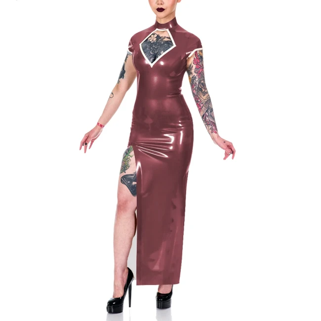 Elegance Short Sleeve Summer Dress Shiny PVC Leather Mock Neck Front Slit Sexy Dress Faux Leather Women Maxi Dress Party Vestido